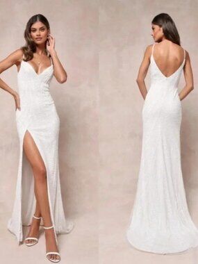 Lulus Enchanting Perfection White Sequin Beaded Slip Maxi Dress Wedding Bride